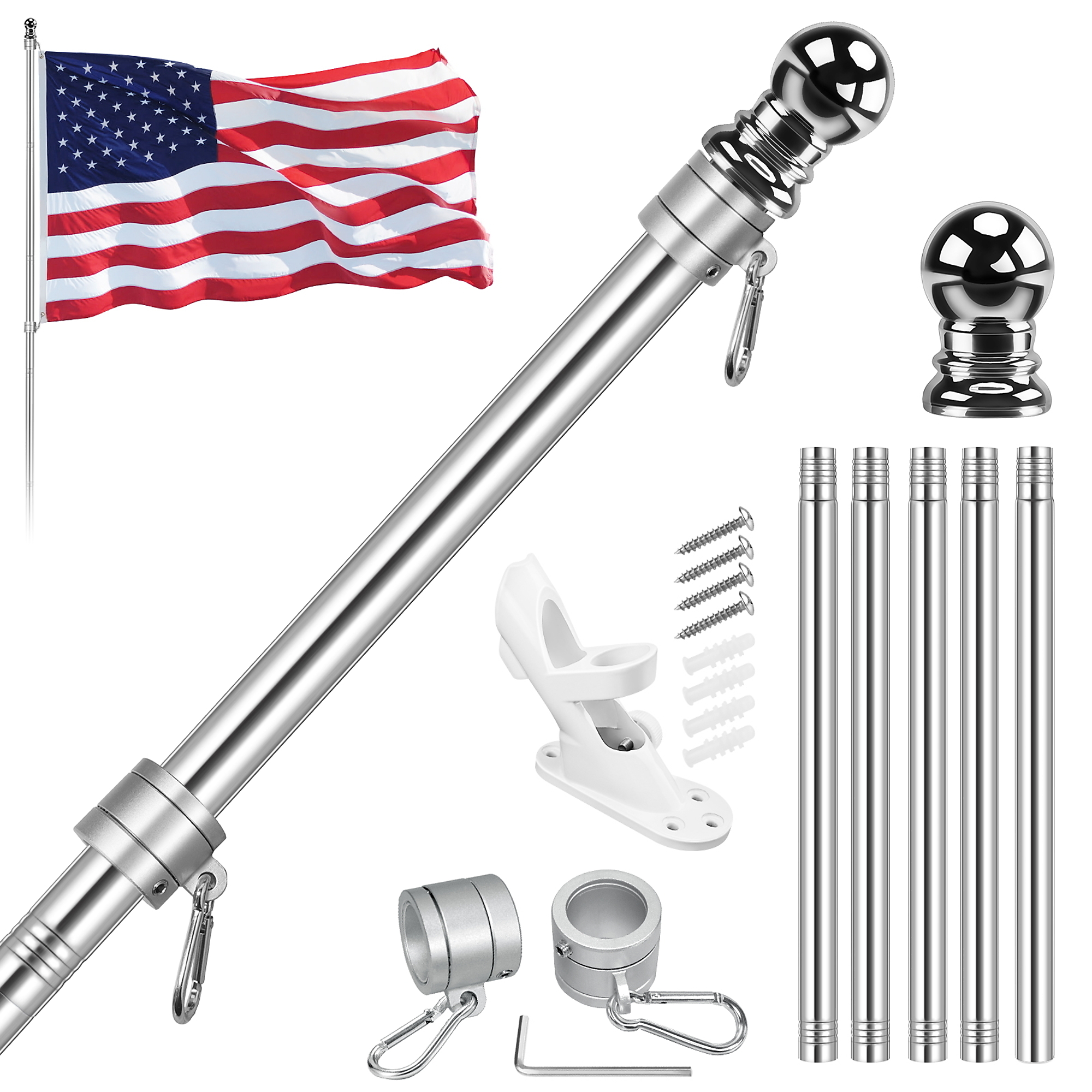 FlagStars 6FT Stainless Steel Flagpole 5-Section + 3x5 Nylon Flag | Anti-Wrap Silver Rings & 2-Position White Bracket | Model# FSB-5S6FS-W2-35N